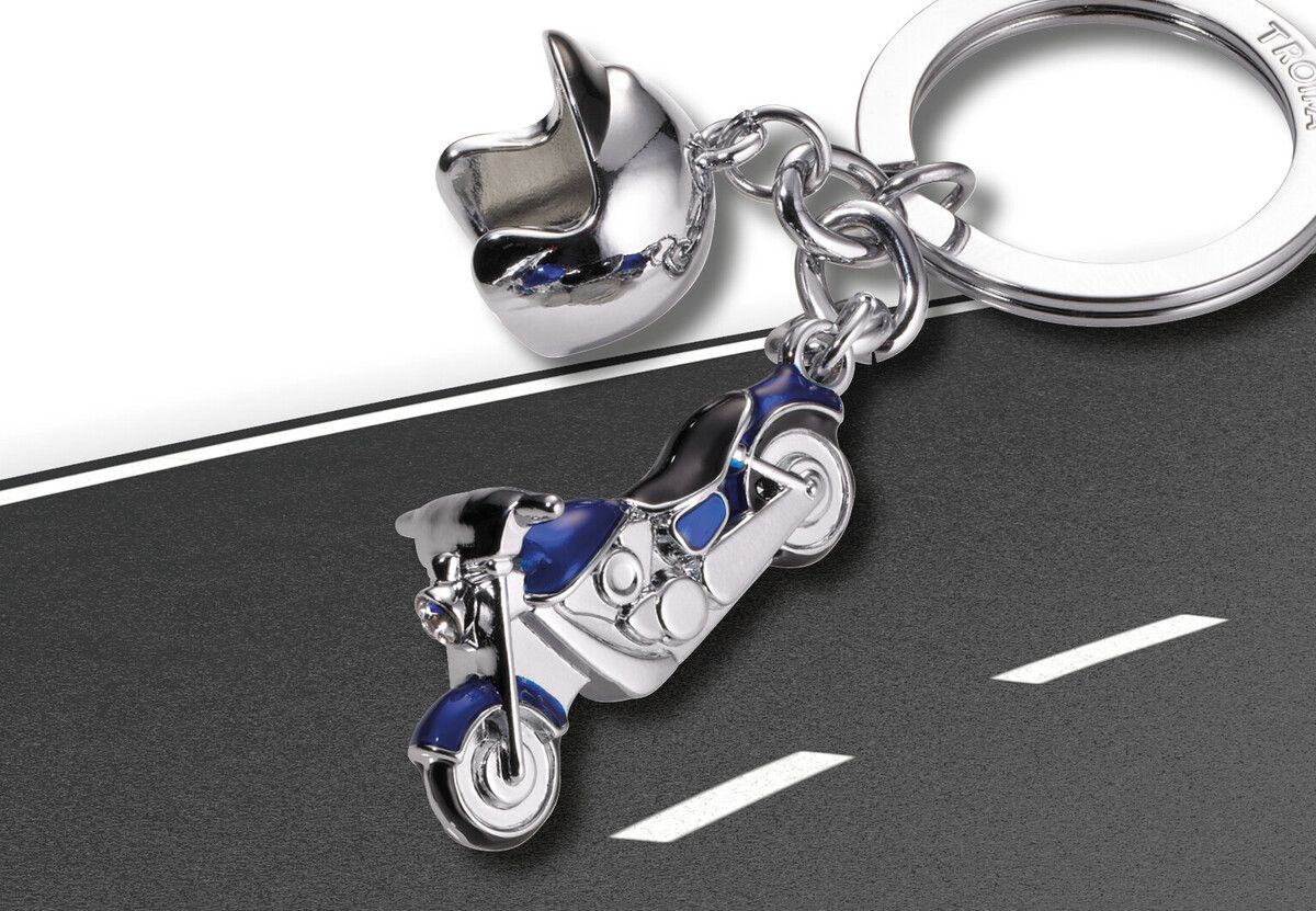 Schlüsselanhänger, Motorrad und Helm, silbern/blau