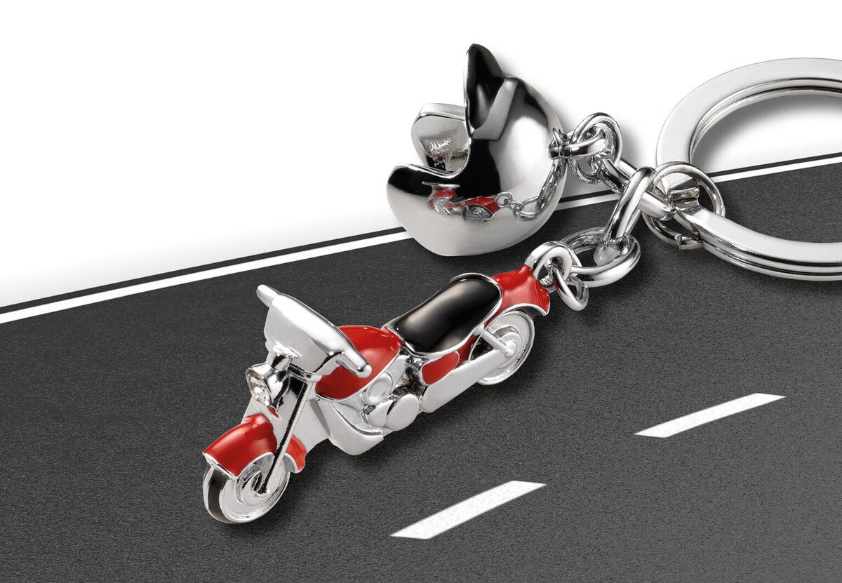 Schlüsselanhänger, Motorrad und Helm, silbern/rot