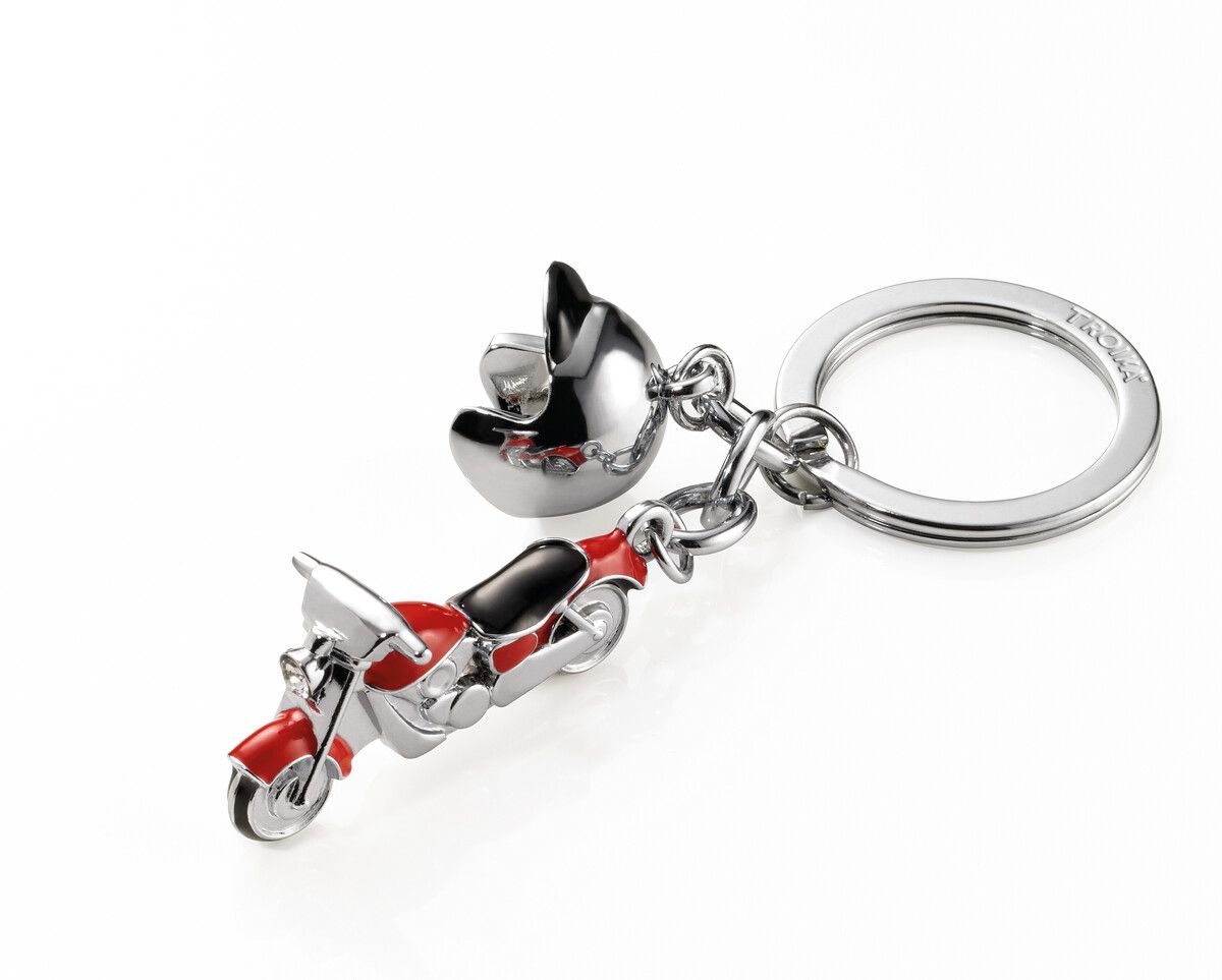 Schlüsselanhänger, Motorrad und Helm, silbern/rot